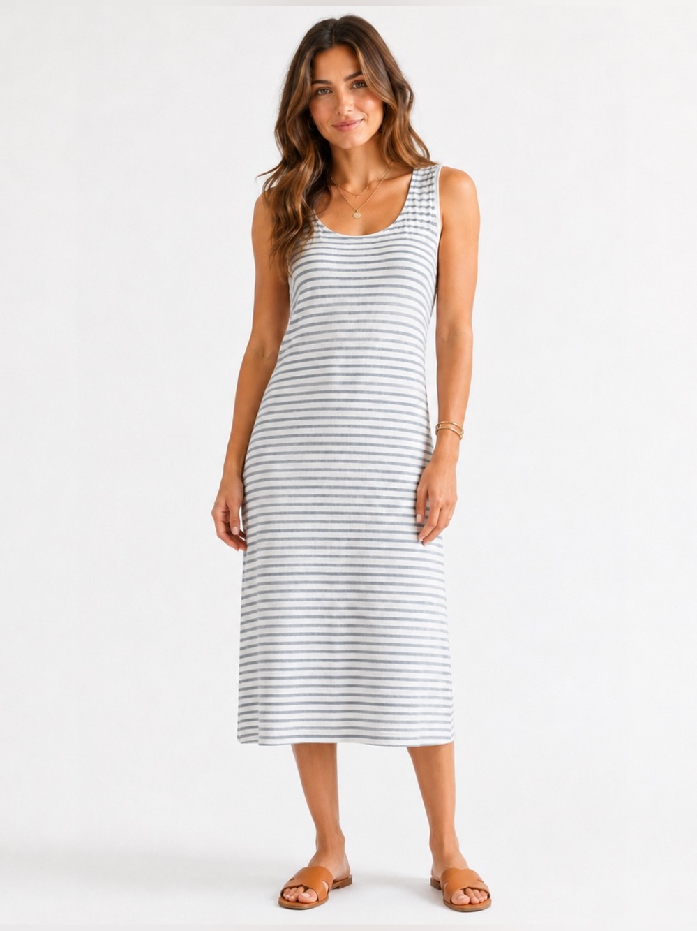 Jane and Delancey Tank Midi Dress Blue and White Stripe Coastal Boho Large